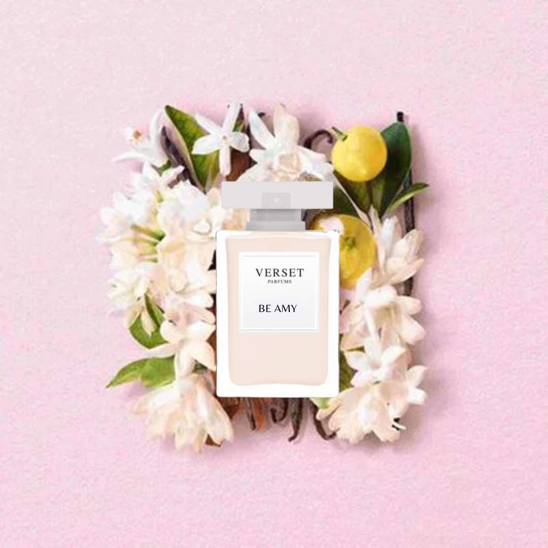 Profumo Verset con fiori e foglie su sfondo rosa
