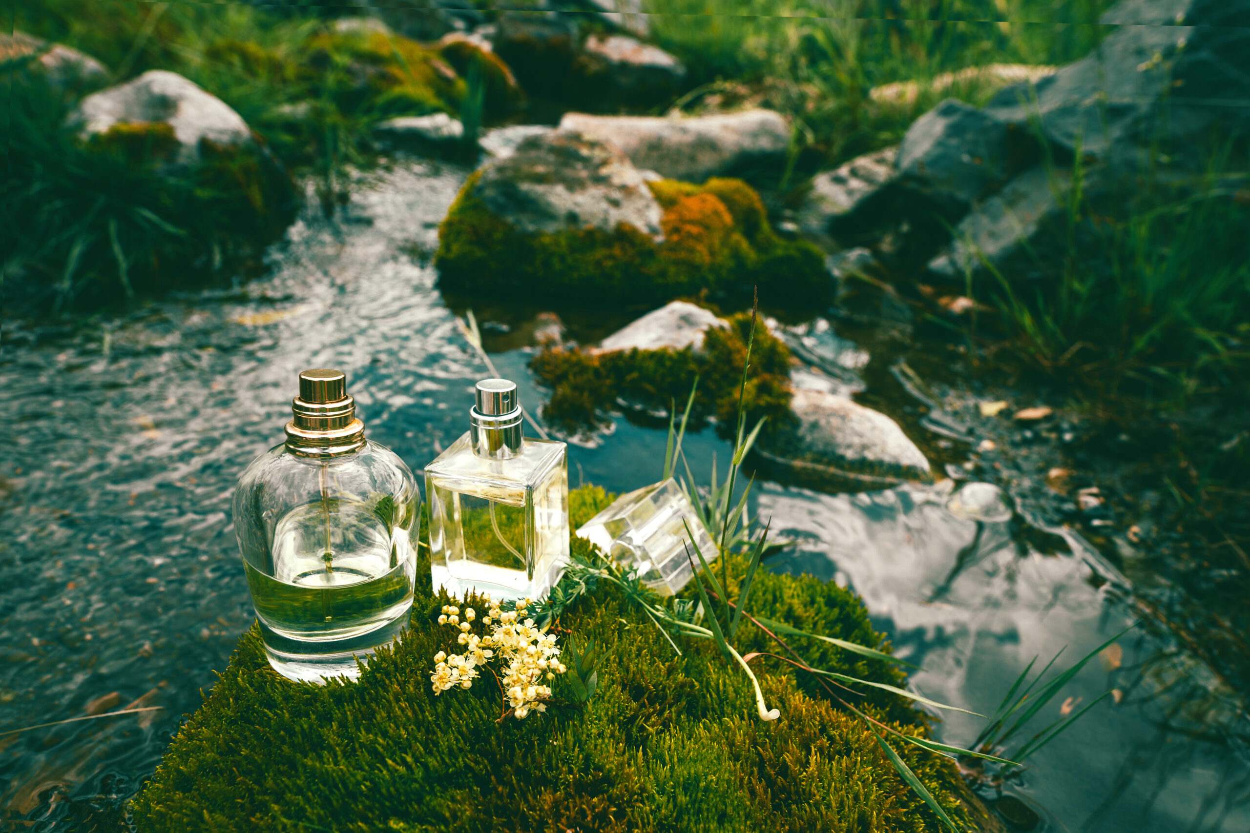 Boccette di profumo immerse nella natura con lo sfondo di un ruscello