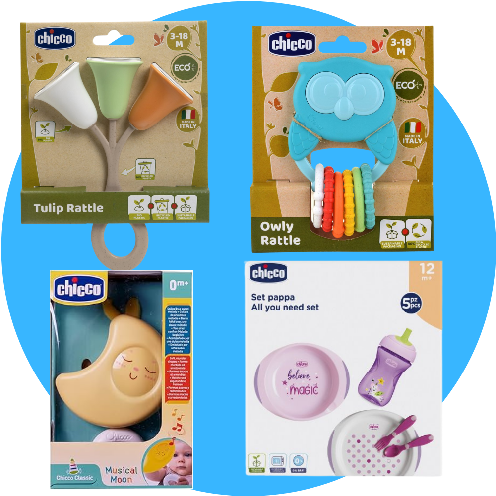 Prodotti giochi Chicco come sonagli e bieberon
