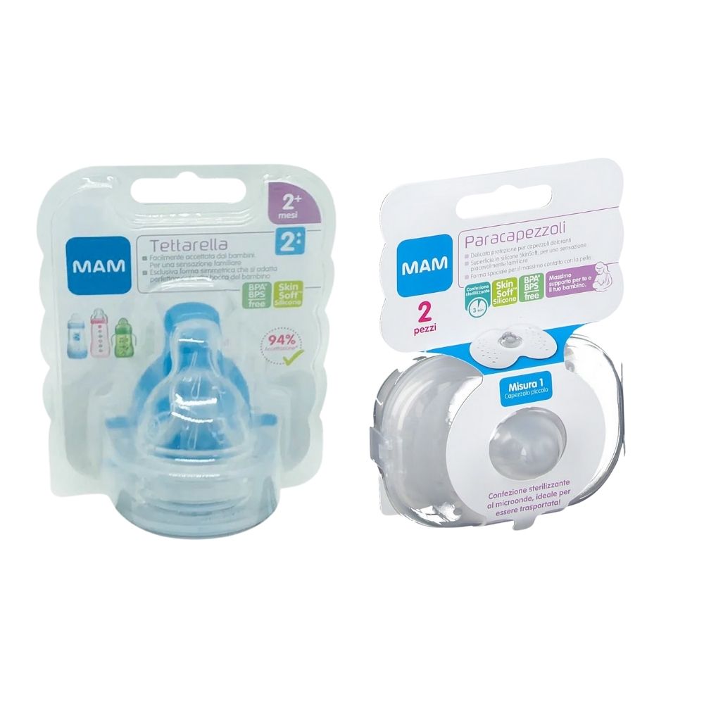 Set di accessori marchio MAM incluso una confezione da due paracapezzoli in silicone con custodia trasparente sterilizzabile e una tettarella per bambini di 2 mesi.