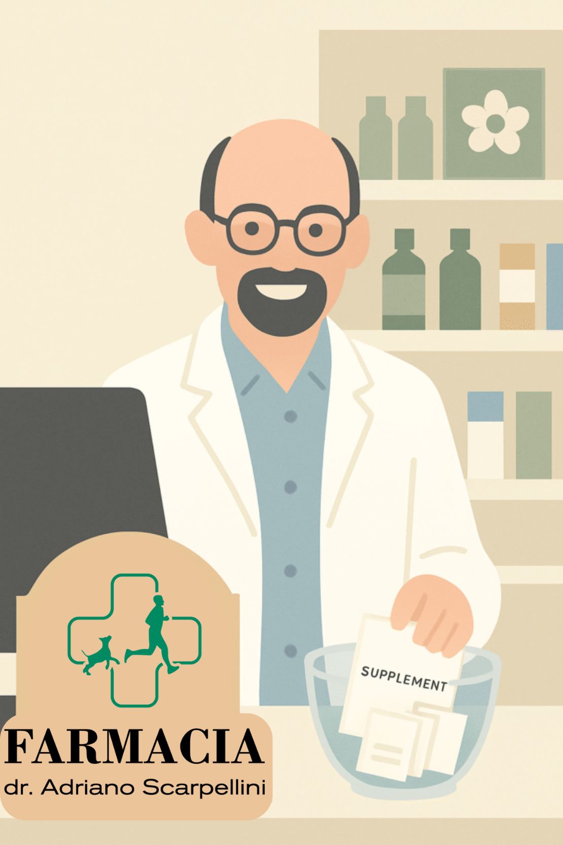Illustrazione di un farmacista sorridente con camice bianco dietro al banco, accanto al logo della Farmacia Dr. Adriano Scarpellini con una croce verde e la sagoma di un uomo che corre con un cane. Sul bancone una ciotola trasparente con fogli etichettati "SUPPLEMENT"